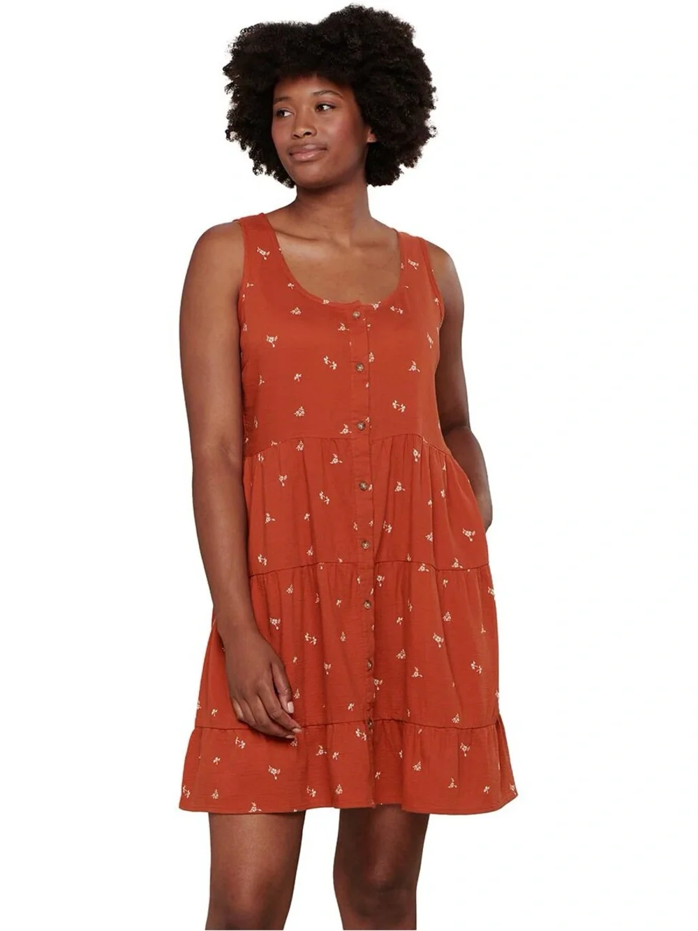Toad&Co Organic Cotton Manzana Tiered Tiered Sleeveless Dress Rust Floral